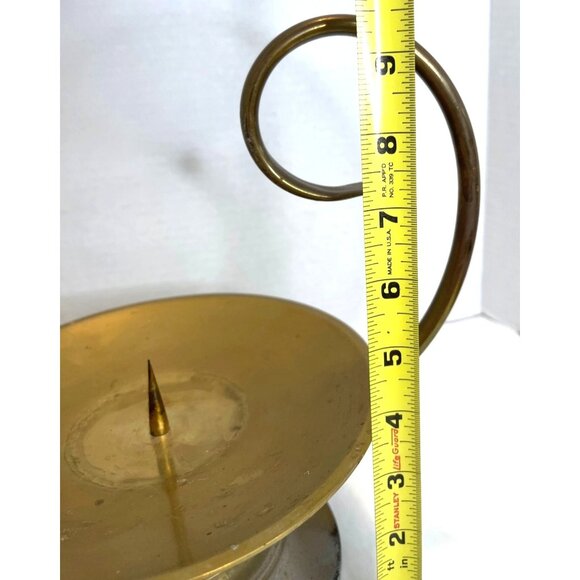 Brass Chamber Pillar Candle Holder Scroll Swirl Handle Colonial Style Vintage - Picture 6 of 7